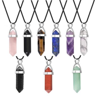 China Environmental Friendly Natural Stone Bullet Shape Necklace Reiki Chakra Hexagonal Acute Pendant Leather Necklace 20