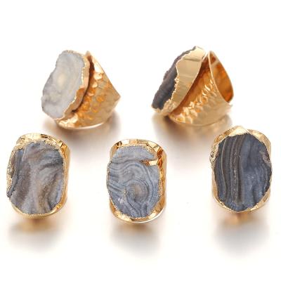 China BOHEMIA Irregular Genuine Raw Stone Adjustable Ring For Women Quartz Milky Way Open Rings With Gold Plated for sale