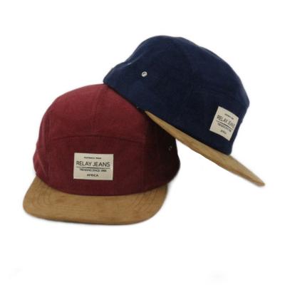 China COMMON Custom High Quality Leather Strap Closure 5 Panel Cotton Camp Caps Hats Suede Brim for sale