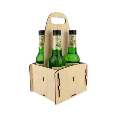 China DIY handmade collapsible disposable beer carrier. 4 Bottle Wooden Beer Rack Picnic Basket Bar Cart for sale