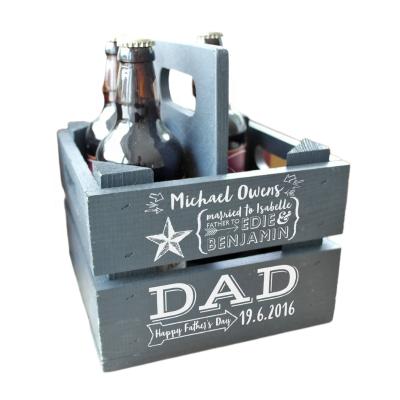 China Handmade Rustic Wooden Bottle Crate 4 Wine Blue Painting Personalized Mens Birthday Gift Wooden Beer Rack for sale