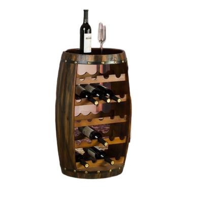 China Retro Country Style Wine Barrel Shape Bar Viable Table 20 Bottles Wooden Wine Rack Display for sale