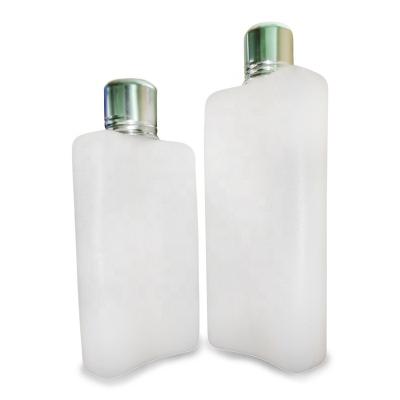 China Unique Beverage Plastic Wine Bottle Packaging 300ml 500ml Flat White Empty Plastic Wine Bottles With Two Caps for sale