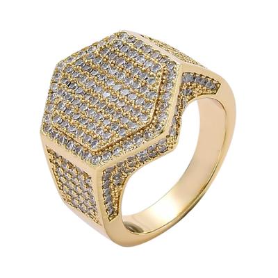 China Popular Hip Hop Men's Hip Hop Personality Ring Hip Hop Microset Hexagonal Zircon 18k Gold Plated Ring for sale