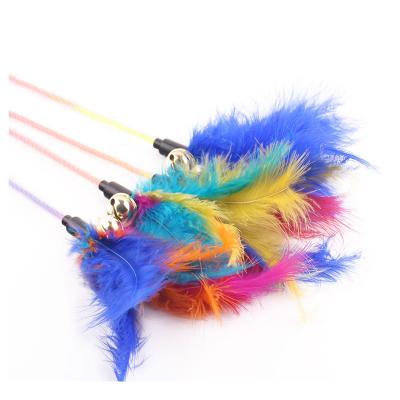 China Viable Free Sample Colorful Funny Game Interactive Feather Cat Teaser Stick Toy Pet With Beads Bell for sale