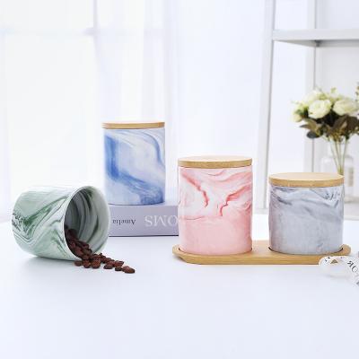 China Sustainable Eco Friendly Kitchenware Airtight Marble Luxury Ceramic Coffee Tea Sugar Tableware Canister With Lid for sale