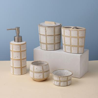 China Sustainable Hotel Bathroom Accessories Custom Ceramic Grid Vintage Bathroom Set White Ceramic Soap Dispenser for sale