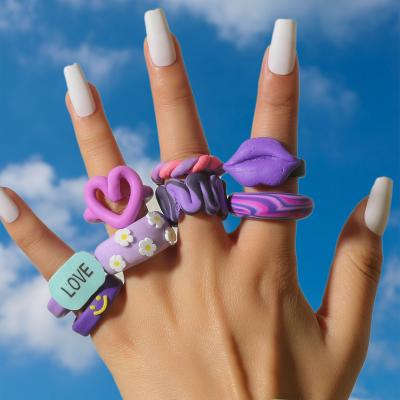 China Lead Free Shipping Jewelry Nickel Free Chunky Clay Rings Handmade Colorful Polymer Clay Rings Exaggerated Lips Pottery Clay Ring for sale