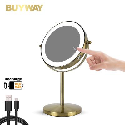 China Desktop Round Lighted Polished Metal Frame LED Mirror Cosmetic Metal Standing Makeup Mirror for sale