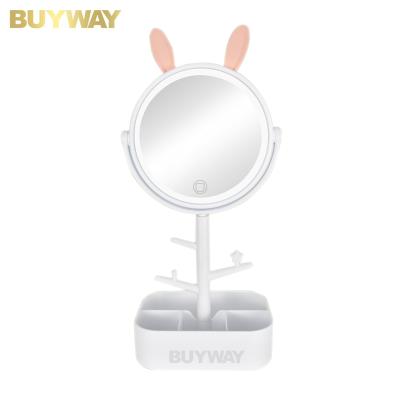 China Cute Rabbit Shaped Multifunctional Led Lighted Round Desktop Vanity Makeup Mirror for sale