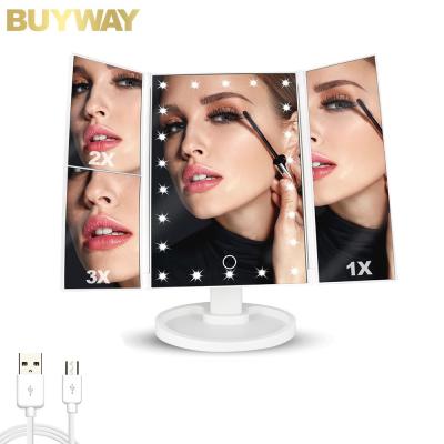 China 22Pcs Lighted Led Makeup Mirror 3 Times Triple Retractable Three Way Led Makeup Mirror for sale