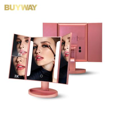 China New Design Lighted Folding Table Stand Tri Folded To Make Up Vanity Led Makeup Mirror With Cosmetic Storage for sale