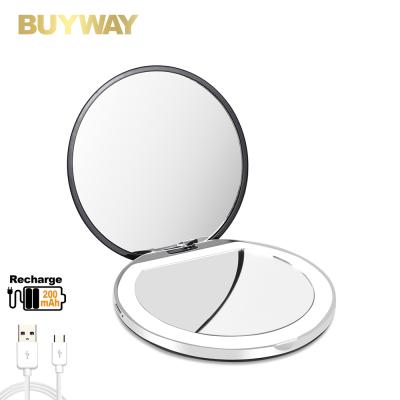 China Hand Held Small Round Compact Vanity Lighted Double Sided Portable Makeup Led Mirror for sale