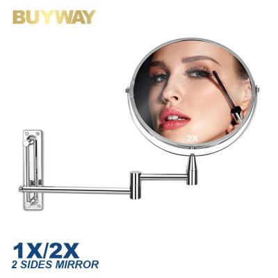 China Round Magnifying Arm Rotation 180 Mirror 360 Swing HD Double Side Wall Mounted Magnify Bathroom Mirror for sale