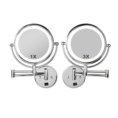 China Buyway Wall Mounted Mirror Factory 3X Metal Round Folding Vanity Hinged Wall Lighted Wall Mirror from Buyway Led Makeup Mirror with Plug for sale