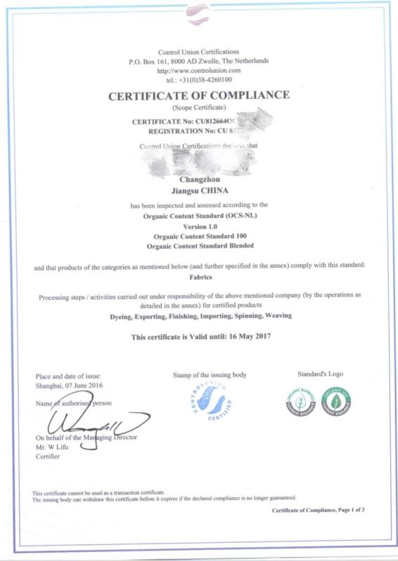 Certificate of compliance - Changzhou Smart Textile Products Co.,Ltd.