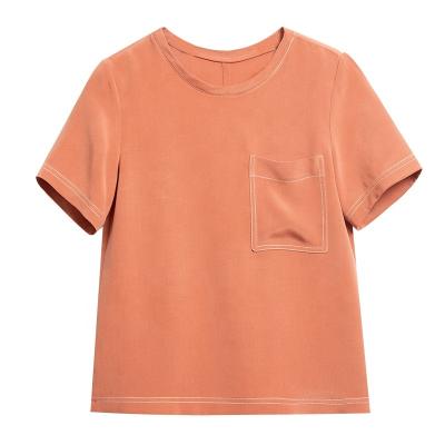 China Breathable top selling 100% silk short sleeve women's mulberrySilk pocket white T-shirt around the neck women wear for sale