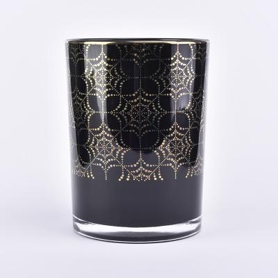 China Home Decoration Shiny Black Glass Candle Holder With Gold Print for sale