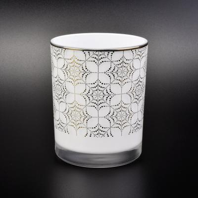 China Home decoration white shiny candle jar with gold rim and pattern for sale