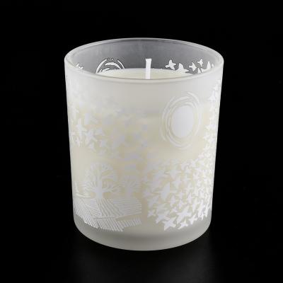 China Home Decoration Frosted White Glass Candle Holder With Custom Prints for sale