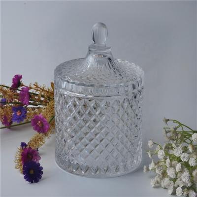 China Crystal Diamond Emboss Glass Candle Vessels Jar With Lid Crystal Diamond Emboss Glass Candle Vessels Jar With Lid for sale