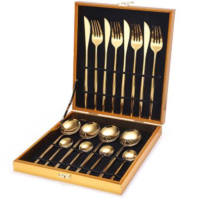 China Stocked 410 Stainless Steel 16 Pieces Tableware Set Wooden Box Popular Gift Box Portuguese Amazon Products Cutlery Set for sale