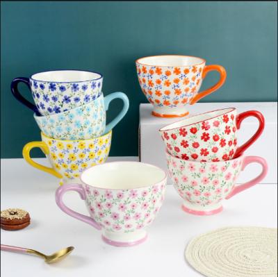 China Small Fresh Disposable Floral Large Breakfast Underlay Colored Oatmea Seven Color Cup Milk Ceramic Cup for sale