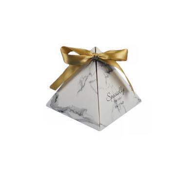 China Stock Marble Recyclable Wedding Triangular Paper Candy Box Pyramid Party Gift Candy Box With Ribbon for sale