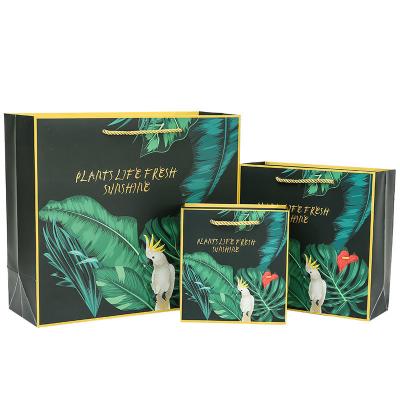 China Rainforest Parrot Gift Paper Bag Recyclable Shopping Clothing Bags With Handles for sale