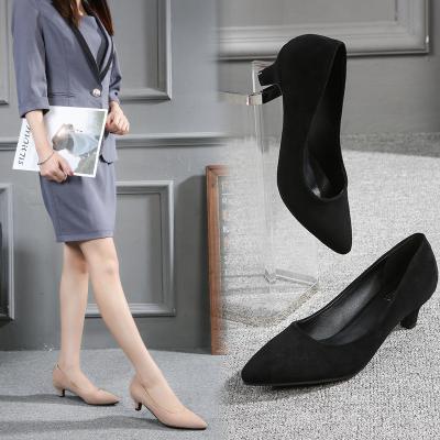 China Breathable High Heels Flock High Heels Shoes Woman Thick Heels Women Pumps Party Shoes Headed Toe Women Shoes for sale