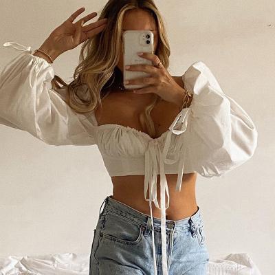 China Wholesale 2021 New Anti-wrinkle v neck puff sleeve lace crop top fashion pleated backless cute shirt for women for sale