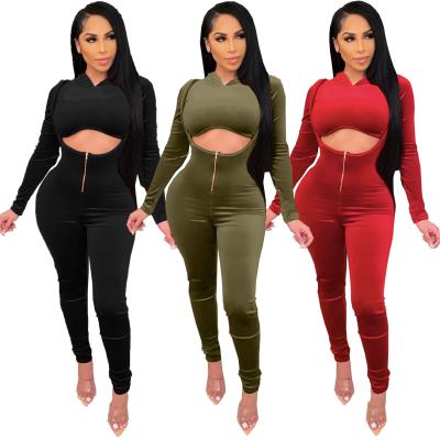 China Wholesale New Fashion Women's Casual Rompers Pants Two Piece Set Breathable Hoodie High Waist Crop Overalls for sale