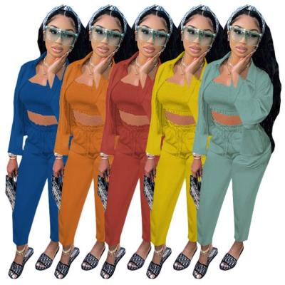 China Anti-wrinkle New Arrival Ladies 3 PCS Suits Corset Long Sleeve Shirt Autumn Women Three Piece Pants Sets for sale