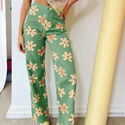 China 2022 New Anti-Wrinkle Flower Print D21PT427 2022 New Flower Casual Streetwear Low Waist Loose Straight Pants Women for sale