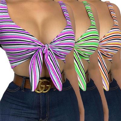 China Anti-pilling Popular Ladies Wrapped Chest Apparel Stripe Print Bandage Summer Women Beach Tops for sale