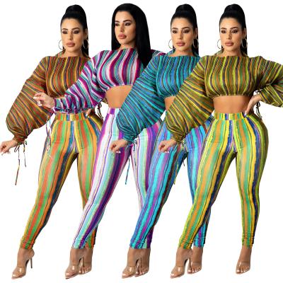 China SZ8175 Pop Culture Top Girls Breathable Striped Printed Two Piece Sets Women Color Blocking Long Sleeve Two Piece Set Women Clothing for sale