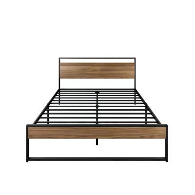 China Easy Assemble Easy Clean Industrial Metal Strong Steel Frame Slats Bedroom Furniture Wooden Bed For Hotel Apartment Home Furniture for sale