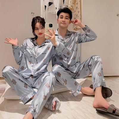 China Women Breathable Two Piece Set Men Couple Ice Milk Stain Long Lapel Pajamas Loose Cartoon Lovers Lounge To Wear Boy Girl Teen Sleepwear for sale