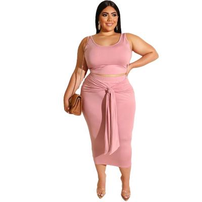 China QUICK DRY Women Solid Color Plus Size Suit 2Pcs Overalls Round Neck Package Hip Dress Fashion Slim Fit Loungewear Jumpsuit For Wome for sale