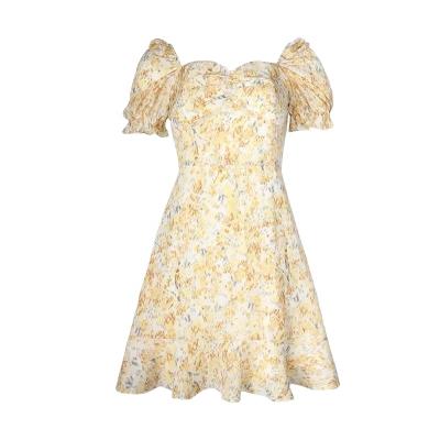 China Square Collar Anti-wrinkle Factory Summer Beach Yellow Soft Floral Print Elegant One-Piece Dress for sale