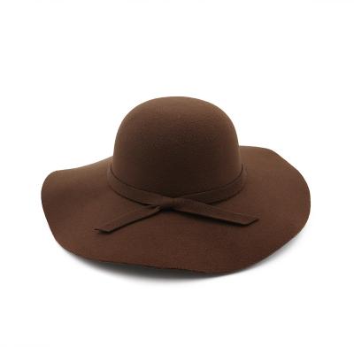 China Autumn Women's 100% Wide Bowknot Floppy Felt Trilby Winter Striped Wool Brim Fedora Hat for sale