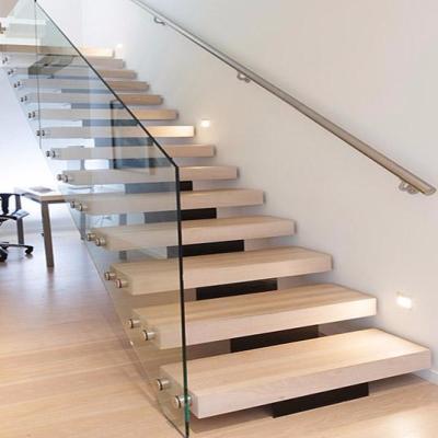 China Safety and decoration modern mono stringer glass stair fence designs / wooden stair tempered glass for home from India for sale