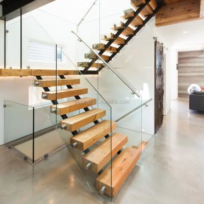 China Home Double House Smooth Wood Staircase With Glass Railing U Shape Staircase for sale