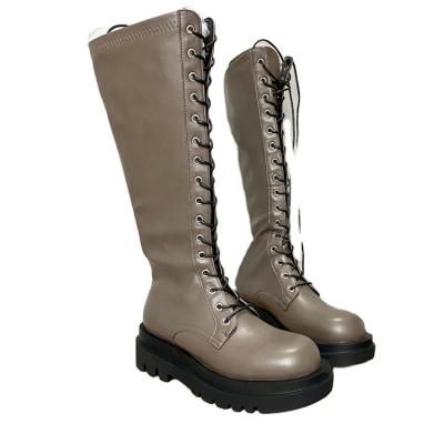 China Winter Round-toe Fiber Ladies Martin Boots Thick Soled Elastic Women's Superfine Leather Boots for sale