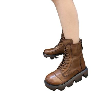 China Winter Round-toe Fiber Ladies Martin Boots Thick Soled Elastic Women's Superfine Leather Boots for sale