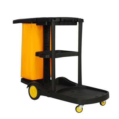 China Commercial Multifunctional Black Plastic Hotel Maid Maid Room Service Cart Cleaning Carts With Yellow Bags for sale