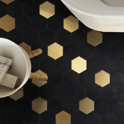 China Luxury natural stone mosaic tile bathroom balcony kitchen villa hotel wall hexagonal golden waterjet tile for sale