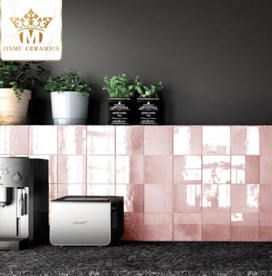 China Europe Series Small Square Tiles Kitchen Bathroom Wall Tile Counter Bar Moroccan Coral Shiny Decorative Pink Ceramic Pink Tiles for sale