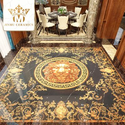 China Main Porcelain Tile Luxury Black White Lion Jellyfish Pattern Shiny Polished Main Gold Plated Tile Mat Jigsaw Deco Wall Floor Tiles for sale