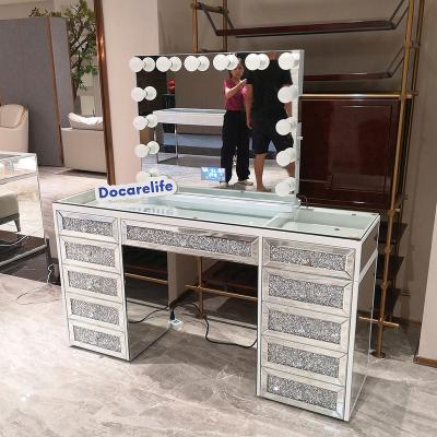 China Crush Diamond Table with Lit Mirror Stock in the US! Docarelife Bedroom Furniture Set Modern Crushed Diamond Mirrored Dresser for sale